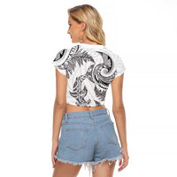 New Zealand Sea Animals with Maori Tribal Tattoo Raglan Cropped T Shirt Shark Manta Ray with Silver Fern White LT03 - Polynesian Pride