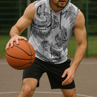 New Zealand Sea Animals with Maori Tribal Tattoo Sleeveless Hoodie Shark Manta Ray with Silver Fern White