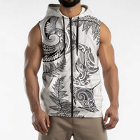 New Zealand Sea Animals with Maori Tribal Tattoo Sleeveless Zip Hoodie Shark Manta Ray with Silver Fern White