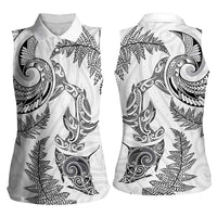 New Zealand Sea Animals with Maori Tribal Tattoo Women Sleeveless Polo Shirt Shark Manta Ray with Silver Fern White LT03 - Polynesian Pride