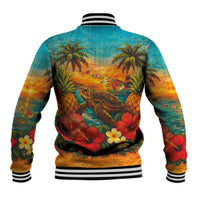 Hawaiian Turtles on Beach Baseball Jacket with Pineapple Tropical Plant and Lei