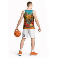 Hawaiian Turtles on Beach Basketball Jersey with Pineapple Tropical Plant and Lei