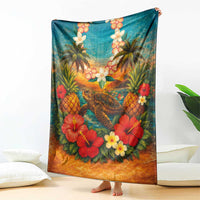 Hawaiian Turtles on Beach Blanket with Pineapple Tropical Plant and Lei