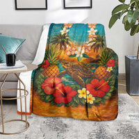 Hawaiian Turtles on Beach Blanket with Pineapple Tropical Plant and Lei