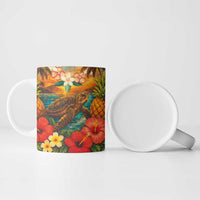 Hawaiian Turtles on Beach Ceramic Mug with Pineapple Tropical Plant and Lei