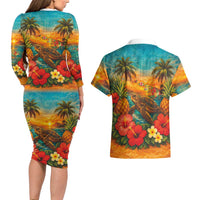 Hawaiian Turtles on Beach Couples Matching Long Sleeve Bodycon Dress and Hawaiian Shirt with Pineapple Tropical Plant and Lei LT03 - Polynesian Pride
