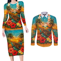 Hawaiian Turtles on Beach Couples Matching Long Sleeve Bodycon Dress and Long Sleeve Button Shirt with Pineapple Tropical Plant and Lei