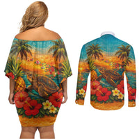 Hawaiian Turtles on Beach Couples Matching Off Shoulder Short Dress and Long Sleeve Button Shirt with Pineapple Tropical Plant and Lei