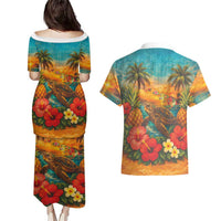 Hawaiian Turtles on Beach Couples Matching Puletasi and Hawaiian Shirt with Pineapple Tropical Plant and Lei