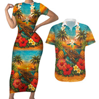 Hawaiian Turtles on Beach Couples Matching Short Sleeve Bodycon Dress and Hawaiian Shirt with Pineapple Tropical Plant and Lei LT03 Multicolor - Polynesian Pride