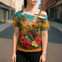 Hawaiian Turtles on Beach Cross Shoulder Shirt with Pineapple Tropical Plant and Lei