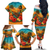 Hawaiian Turtles on Beach Family Matching Off The Shoulder Long Sleeve Dress and Hawaiian Shirt with Pineapple Tropical Plant and Lei LT03 - Polynesian Pride