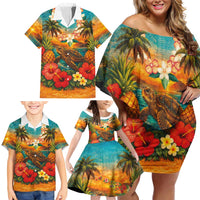 Hawaiian Turtles on Beach Family Matching Off Shoulder Short Dress and Hawaiian Shirt with Pineapple Tropical Plant and Lei LT03 - Polynesian Pride