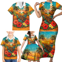 Hawaiian Turtles on Beach Family Matching Short Sleeve Bodycon Dress and Hawaiian Shirt with Pineapple Tropical Plant and Lei LT03 - Polynesian Pride