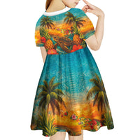 Hawaiian Turtles on Beach Kid Short Sleeve Dress with Pineapple Tropical Plant and Lei