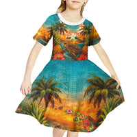 Hawaiian Turtles on Beach Kid Short Sleeve Dress with Pineapple Tropical Plant and Lei