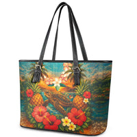 Hawaiian Turtles on Beach Leather Tote Bag with Pineapple Tropical Plant and Lei