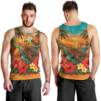 Hawaiian Turtles on Beach Men Tank Top with Pineapple Tropical Plant and Lei
