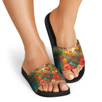 Hawaiian Turtles on Beach Slide Sandals with Pineapple Tropical Plant and Lei