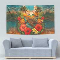 Hawaiian Turtles on Beach Tapestry with Pineapple Tropical Plant and Lei