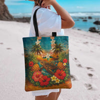 Hawaiian Turtles on Beach Tote Bag with Pineapple Tropical Plant and Lei