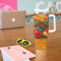 Hawaiian Turtles on Beach Tumbler With Handle with Pineapple Tropical Plant and Lei