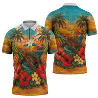 Hawaiian Turtles on Beach Zipper Polo Shirt with Pineapple Tropical Plant and Lei