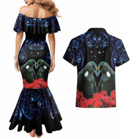 New Zealand Maori Matariki Couples Matching Mermaid Dress and Hawaiian Shirt Hongi Tui Bird Pohutukawa and Polynesia Tribal LT03 - Polynesian Pride