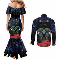 New Zealand Maori Matariki Couples Matching Mermaid Dress and Long Sleeve Button Shirt Hongi Tui Bird Pohutukawa and Polynesia Tribal LT03 - Polynesian Pride