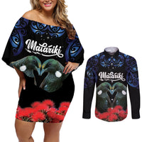 New Zealand Maori Matariki Couples Matching Off Shoulder Short Dress and Long Sleeve Button Shirt Hongi Tui Bird Pohutukawa and Polynesia Tribal LT03 Black - Polynesian Pride
