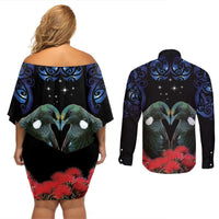 New Zealand Maori Matariki Couples Matching Off Shoulder Short Dress and Long Sleeve Button Shirt Hongi Tui Bird Pohutukawa and Polynesia Tribal LT03 - Polynesian Pride