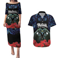 New Zealand Maori Matariki Couples Matching Puletasi and Hawaiian Shirt Hongi Tui Bird Pohutukawa and Polynesia Tribal LT03 Black - Polynesian Pride