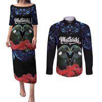 New Zealand Maori Matariki Couples Matching Puletasi and Long Sleeve Button Shirt Hongi Tui Bird Pohutukawa and Polynesia Tribal LT03 Black - Polynesian Pride