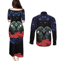 New Zealand Maori Matariki Couples Matching Puletasi and Long Sleeve Button Shirt Hongi Tui Bird Pohutukawa and Polynesia Tribal LT03 - Polynesian Pride