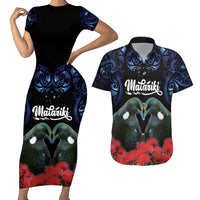 New Zealand Maori Matariki Couples Matching Short Sleeve Bodycon Dress and Hawaiian Shirt Hongi Tui Bird Pohutukawa and Polynesia Tribal LT03 Black - Polynesian Pride