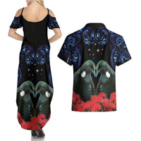 New Zealand Maori Matariki Couples Matching Summer Maxi Dress and Hawaiian Shirt Hongi Tui Bird Pohutukawa and Polynesia Tribal LT03 - Polynesian Pride