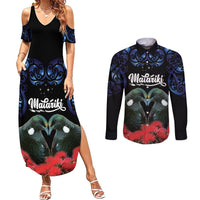 New Zealand Maori Matariki Couples Matching Summer Maxi Dress and Long Sleeve Button Shirt Hongi Tui Bird Pohutukawa and Polynesia Tribal LT03 Black - Polynesian Pride