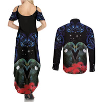 New Zealand Maori Matariki Couples Matching Summer Maxi Dress and Long Sleeve Button Shirt Hongi Tui Bird Pohutukawa and Polynesia Tribal LT03 - Polynesian Pride