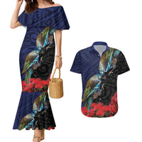 New Zealand Maori Hongi Culture Couples Matching Mermaid Dress and Hawaiian Shirt Tui Bird Pohutukawa and Polynesian Pattern LT03 Blue - Polynesian Pride