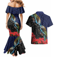 New Zealand Maori Hongi Culture Couples Matching Mermaid Dress and Hawaiian Shirt Tui Bird Pohutukawa and Polynesian Pattern LT03 - Polynesian Pride