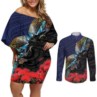 New Zealand Maori Hongi Culture Couples Matching Off Shoulder Short Dress and Long Sleeve Button Shirt Tui Bird Pohutukawa and Polynesian Pattern LT03 Blue - Polynesian Pride