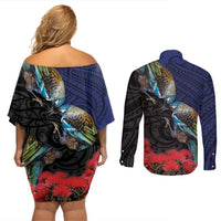 New Zealand Maori Hongi Culture Couples Matching Off Shoulder Short Dress and Long Sleeve Button Shirt Tui Bird Pohutukawa and Polynesian Pattern LT03 - Polynesian Pride