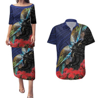 New Zealand Maori Hongi Culture Couples Matching Puletasi and Hawaiian Shirt Tui Bird Pohutukawa and Polynesian Pattern LT03 Blue - Polynesian Pride