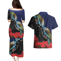 New Zealand Maori Hongi Culture Couples Matching Puletasi and Hawaiian Shirt Tui Bird Pohutukawa and Polynesian Pattern LT03 - Polynesian Pride