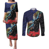 New Zealand Maori Hongi Culture Couples Matching Puletasi and Long Sleeve Button Shirt Tui Bird Pohutukawa and Polynesian Pattern LT03 Blue - Polynesian Pride