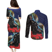 New Zealand Maori Hongi Culture Couples Matching Puletasi and Long Sleeve Button Shirt Tui Bird Pohutukawa and Polynesian Pattern LT03 - Polynesian Pride
