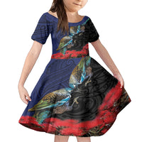 New Zealand Maori Hongi Culture Family Matching Short Sleeve Bodycon Dress and Hawaiian Shirt Tui Bird Pohutukawa and Polynesian Pattern LT03 Daughter's Dress Blue - Polynesian Pride