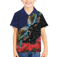 New Zealand Maori Hongi Culture Family Matching Short Sleeve Bodycon Dress and Hawaiian Shirt Tui Bird Pohutukawa and Polynesian Pattern LT03 Son's Shirt Blue - Polynesian Pride
