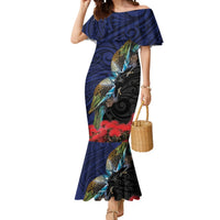 New Zealand Maori Hongi Culture Mermaid Dress Tui Bird Pohutukawa and Polynesian Pattern LT03 Women Blue - Polynesian Pride