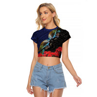 New Zealand Maori Hongi Culture Raglan Cropped T Shirt Tui Bird Pohutukawa and Polynesian Pattern